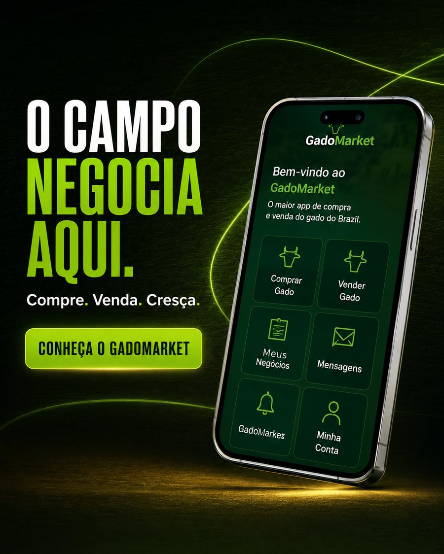 Aplicativo Gado Market em fundo escuro com detalhes neon verdes