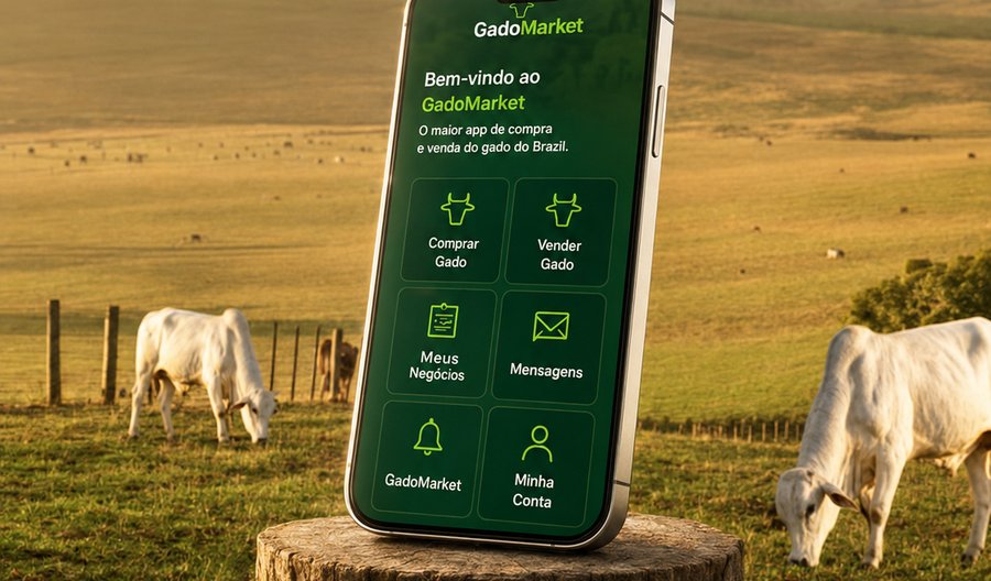 Aplicativo Gado Market aberto em um celular apoiado em um toco de madeira no meio do pasto, com gado ao fundo